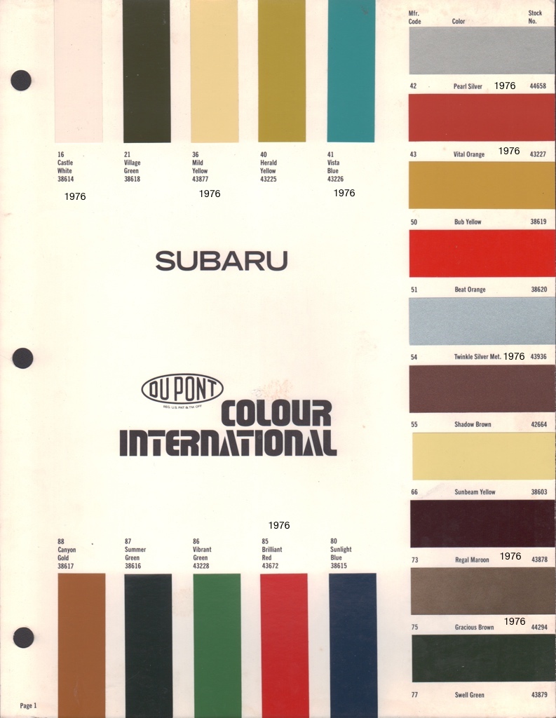 1976 Subaru International Paint Charts DuPont 1